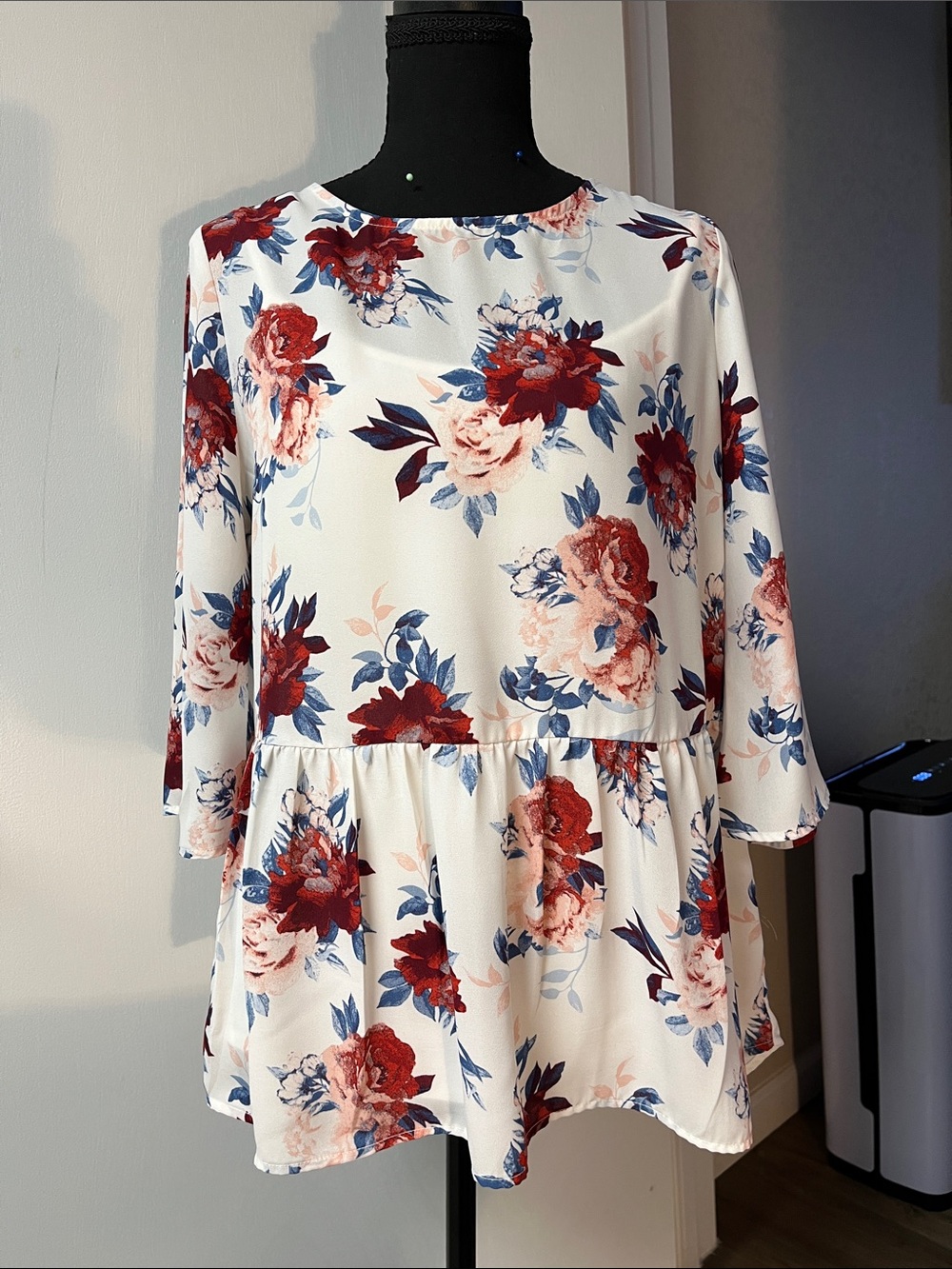 Faded Glory White Floral Long-Sleeve Peplum Dress with Red & Blue Blooms